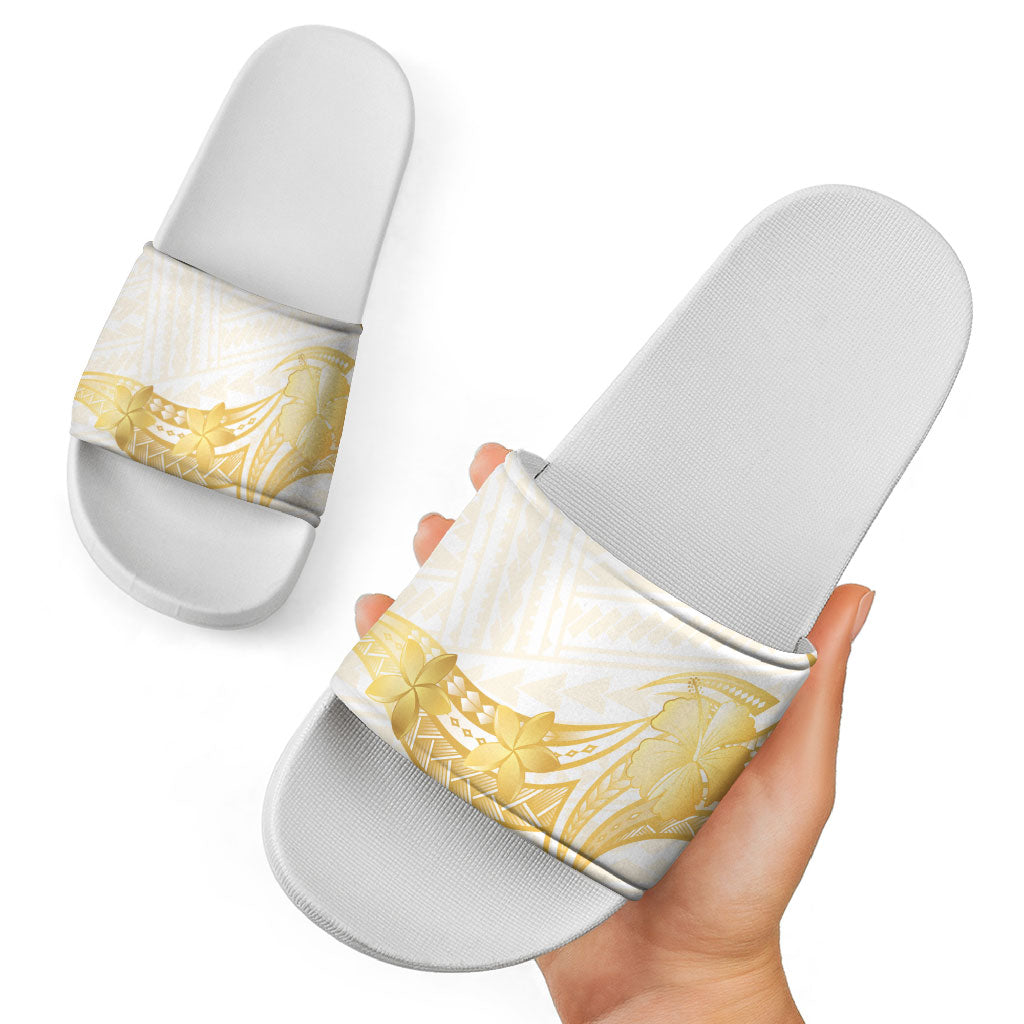 Polynesia White Sunday Slide Sandals Polynesian Tattoo Plumeria Hibiscus Gold