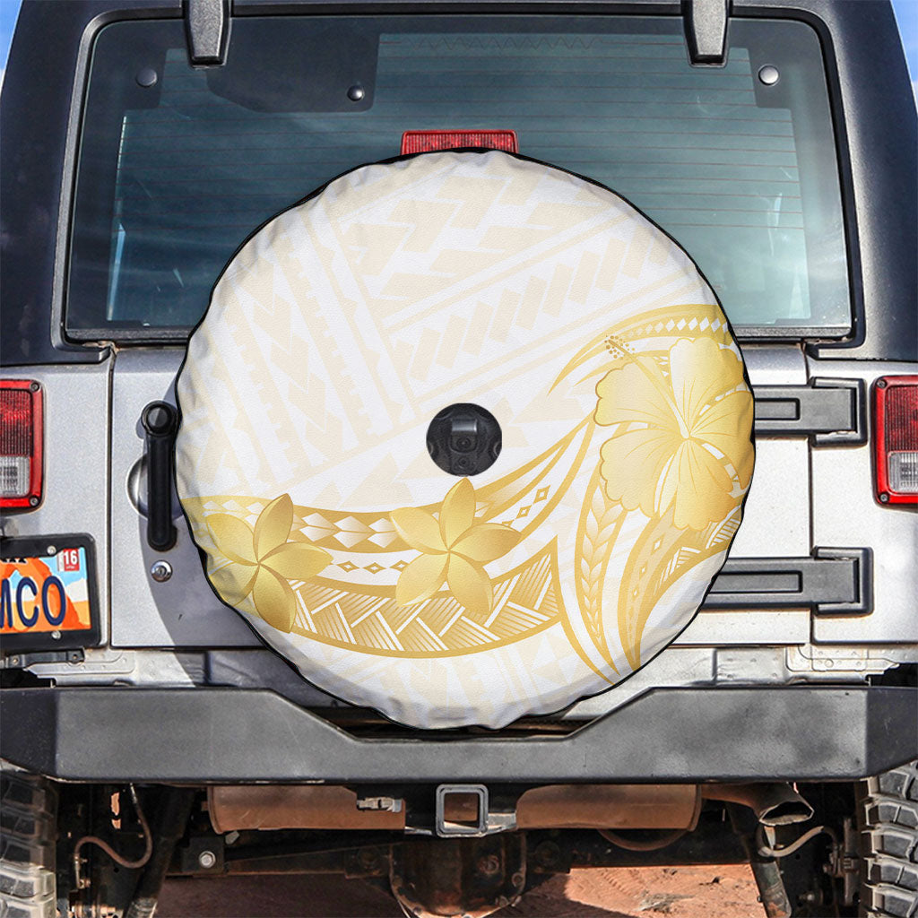 Polynesia White Sunday Spare Tire Cover Polynesian Tattoo Plumeria Hibiscus Gold