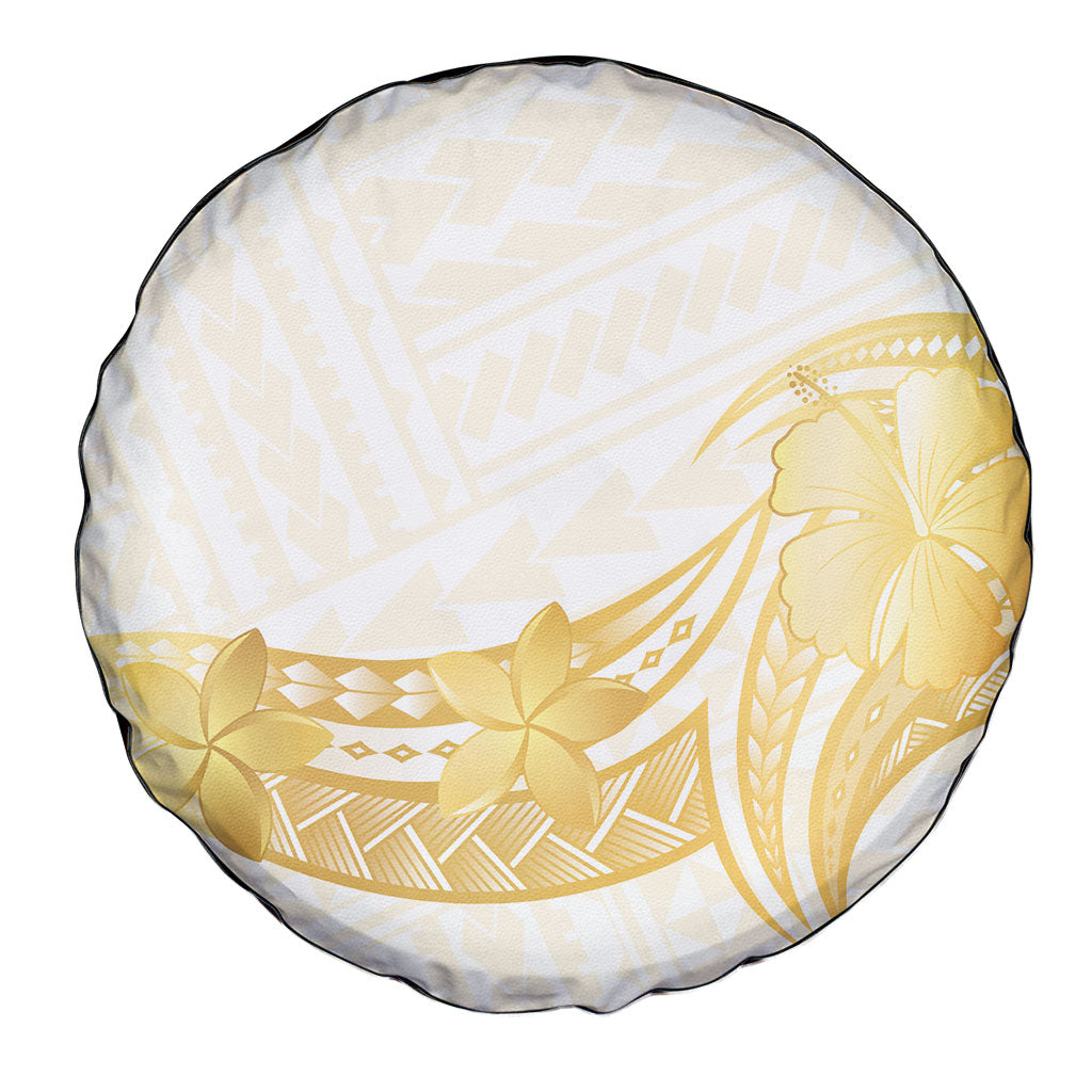 Polynesia White Sunday Spare Tire Cover Polynesian Tattoo Plumeria Hibiscus Gold