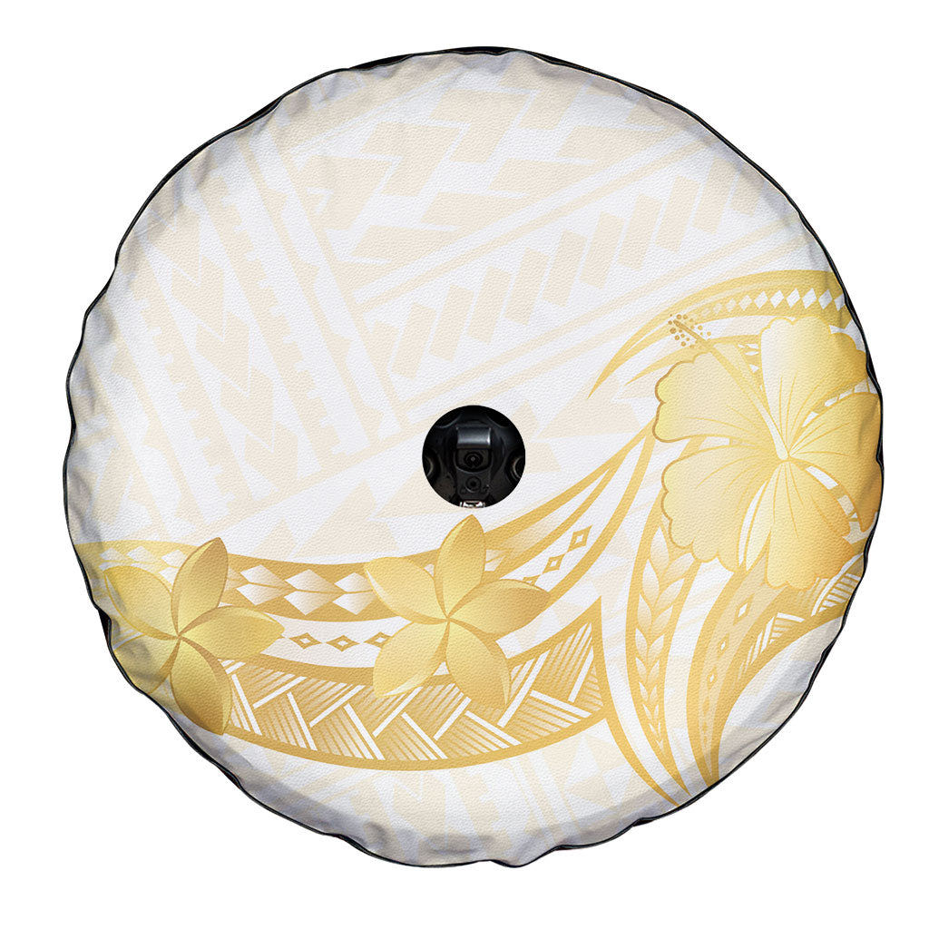 Polynesia White Sunday Spare Tire Cover Polynesian Tattoo Plumeria Hibiscus Gold