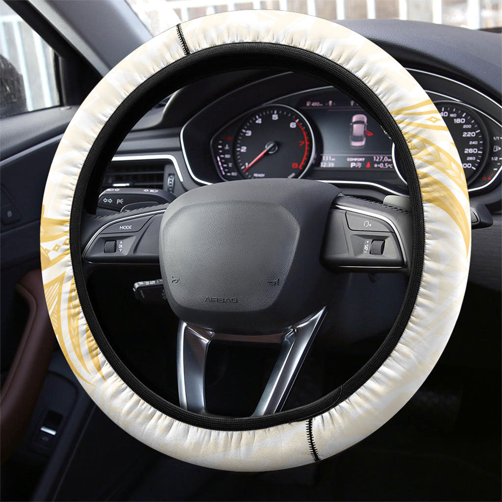 Polynesia White Sunday Steering Wheel Cover Polynesian Tattoo Plumeria Hibiscus Gold