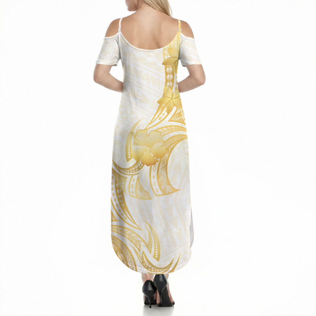 Polynesia White Sunday Summer Maxi Dress Polynesian Tattoo Plumeria Hibiscus Gold
