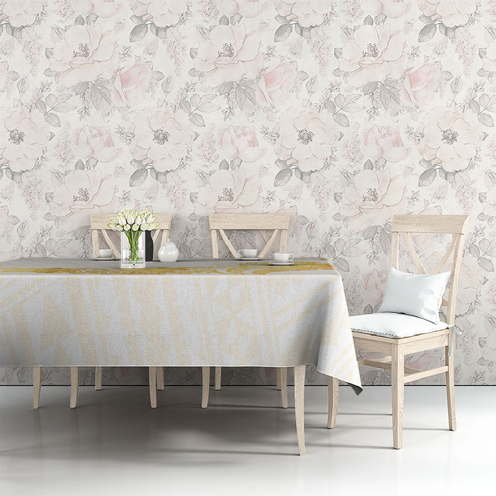 Polynesia White Sunday Tablecloth Polynesian Tattoo Plumeria Hibiscus Gold