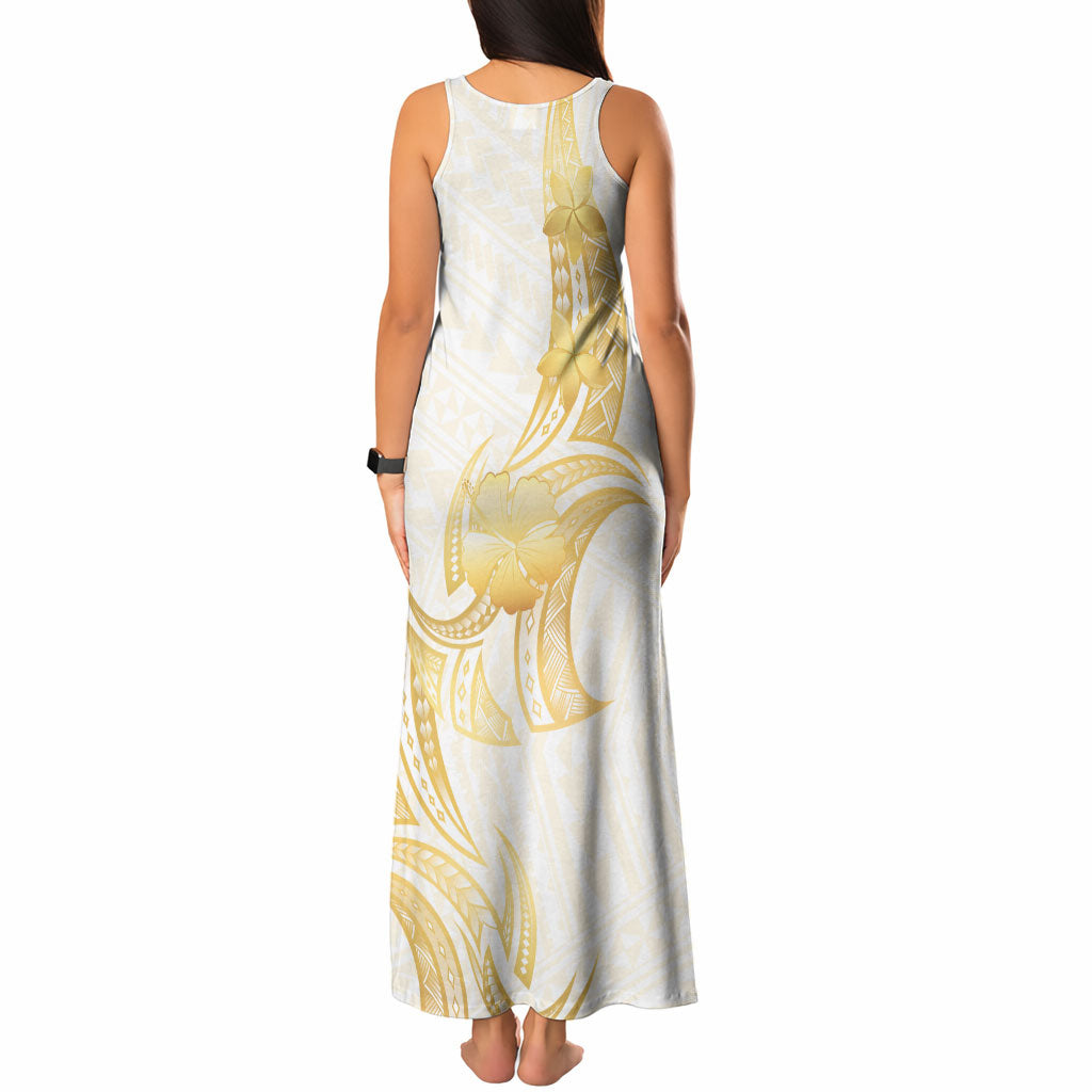 Polynesia White Sunday Tank Maxi Dress Polynesian Tattoo Plumeria Hibiscus Gold