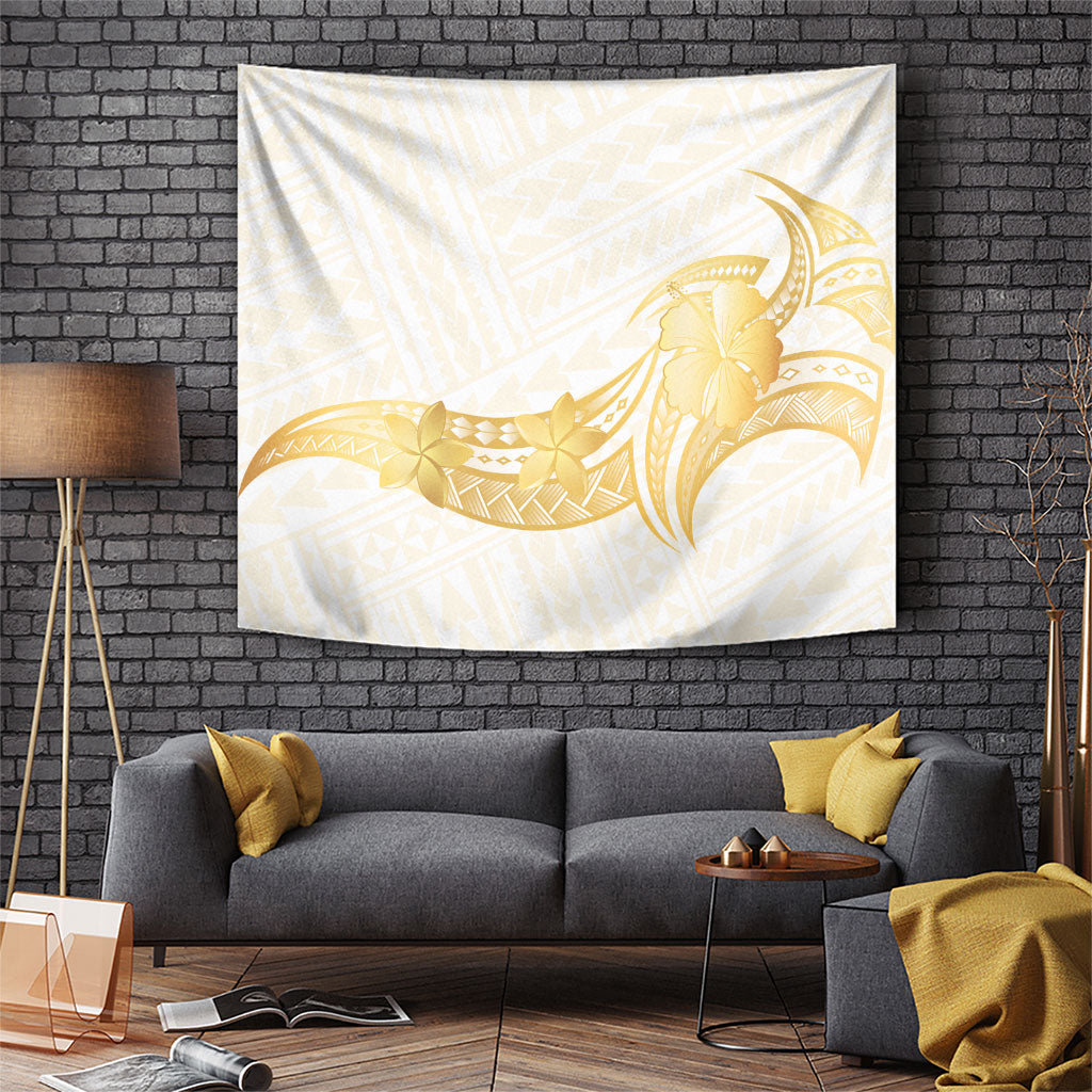 Polynesia White Sunday Tapestry Polynesian Tattoo Plumeria Hibiscus Gold