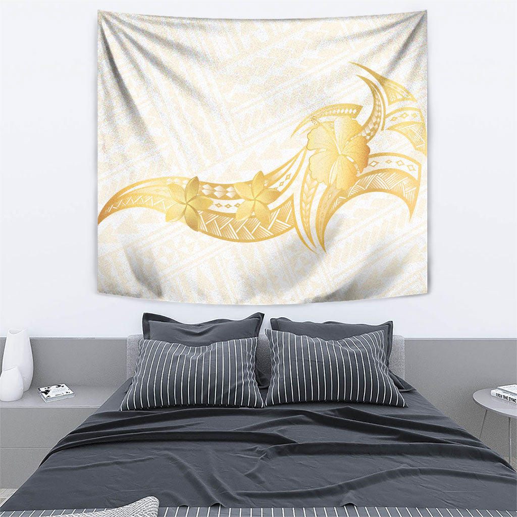 Polynesia White Sunday Tapestry Polynesian Tattoo Plumeria Hibiscus Gold