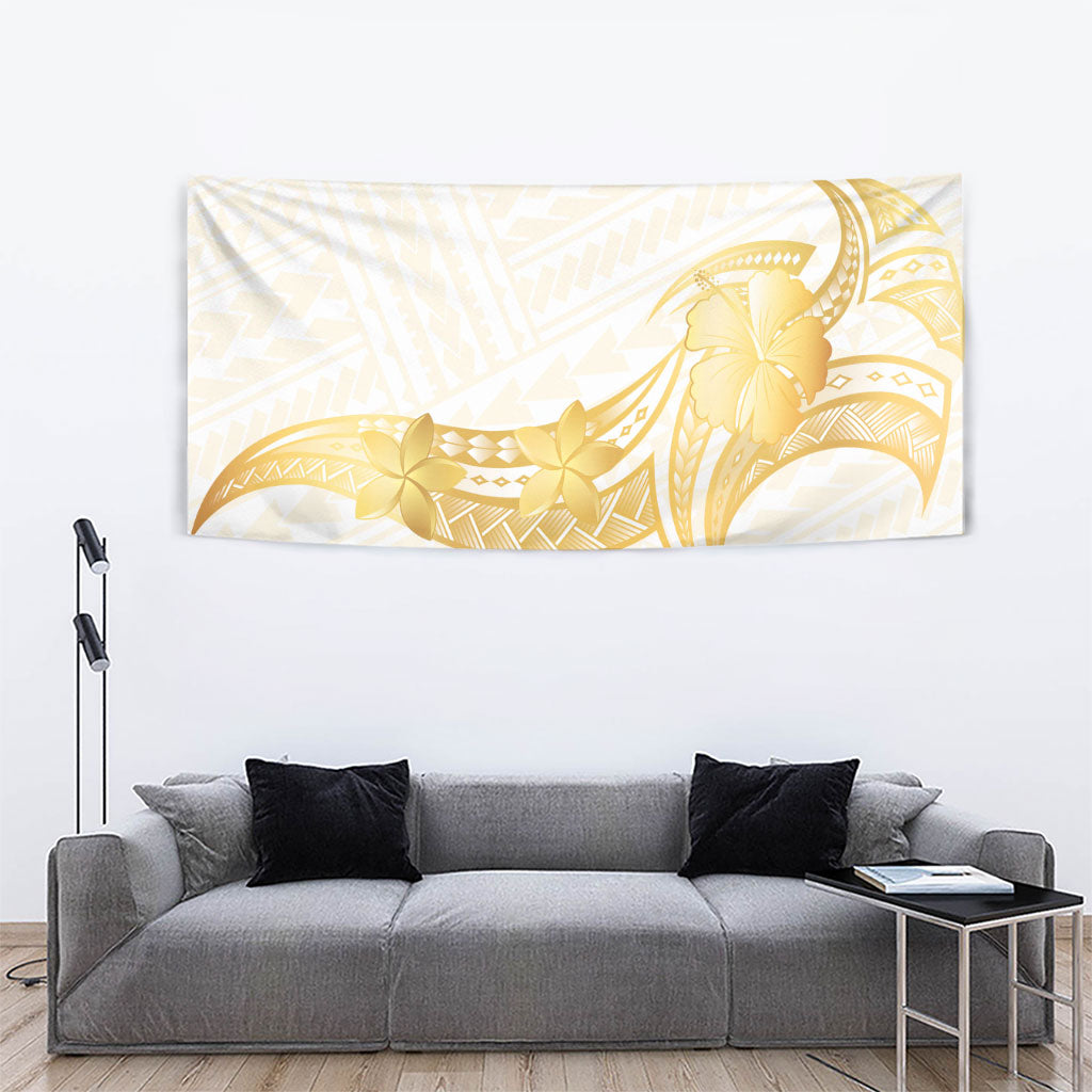 Polynesia White Sunday Tapestry Polynesian Tattoo Plumeria Hibiscus Gold