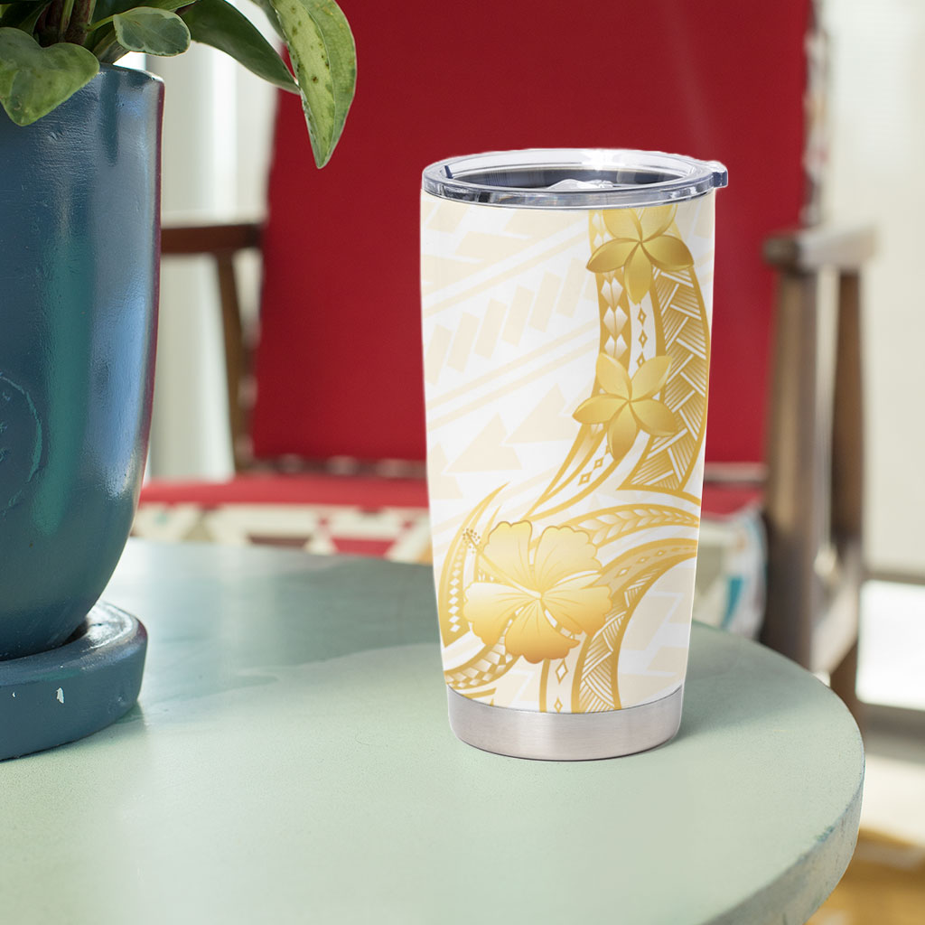 Polynesia White Sunday Tumbler Cup Polynesian Tattoo Plumeria Hibiscus Gold