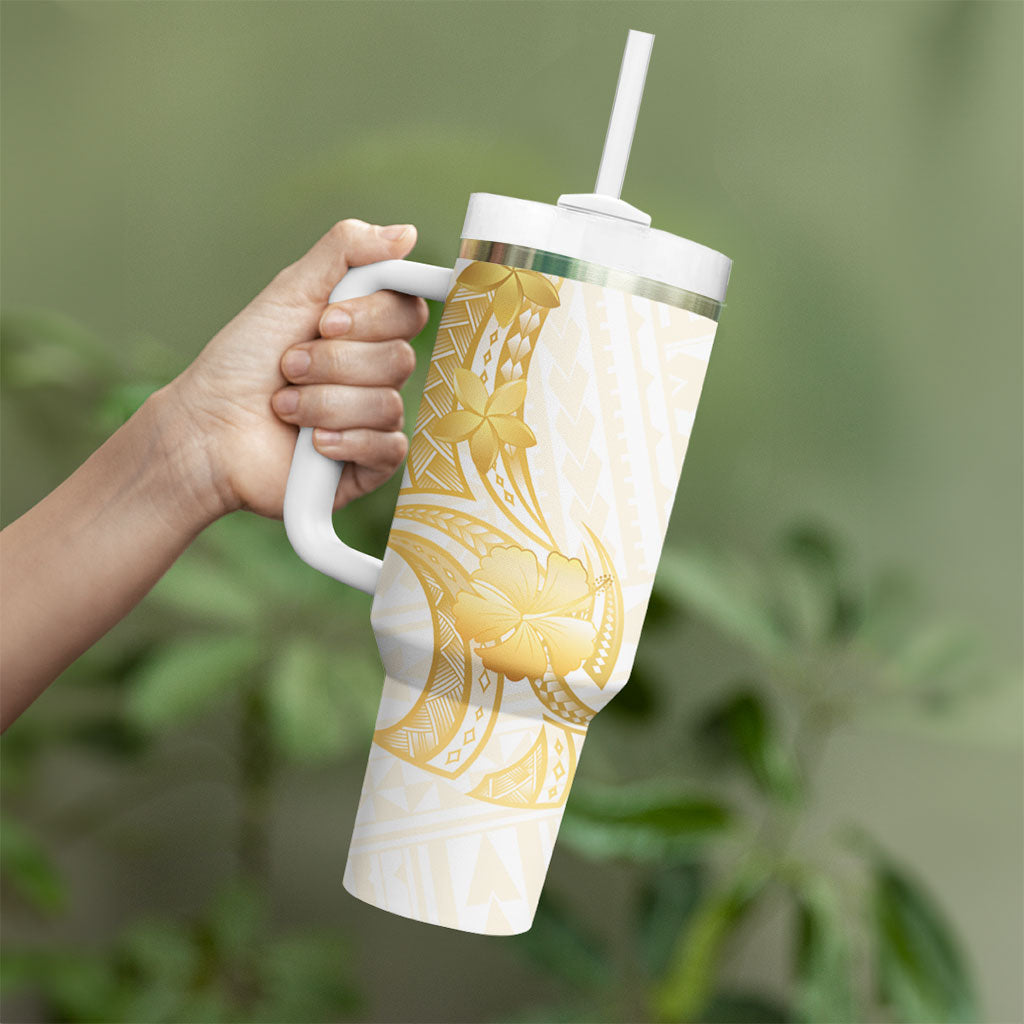 Polynesia White Sunday Tumbler With Handle Polynesian Tattoo Plumeria Hibiscus Gold