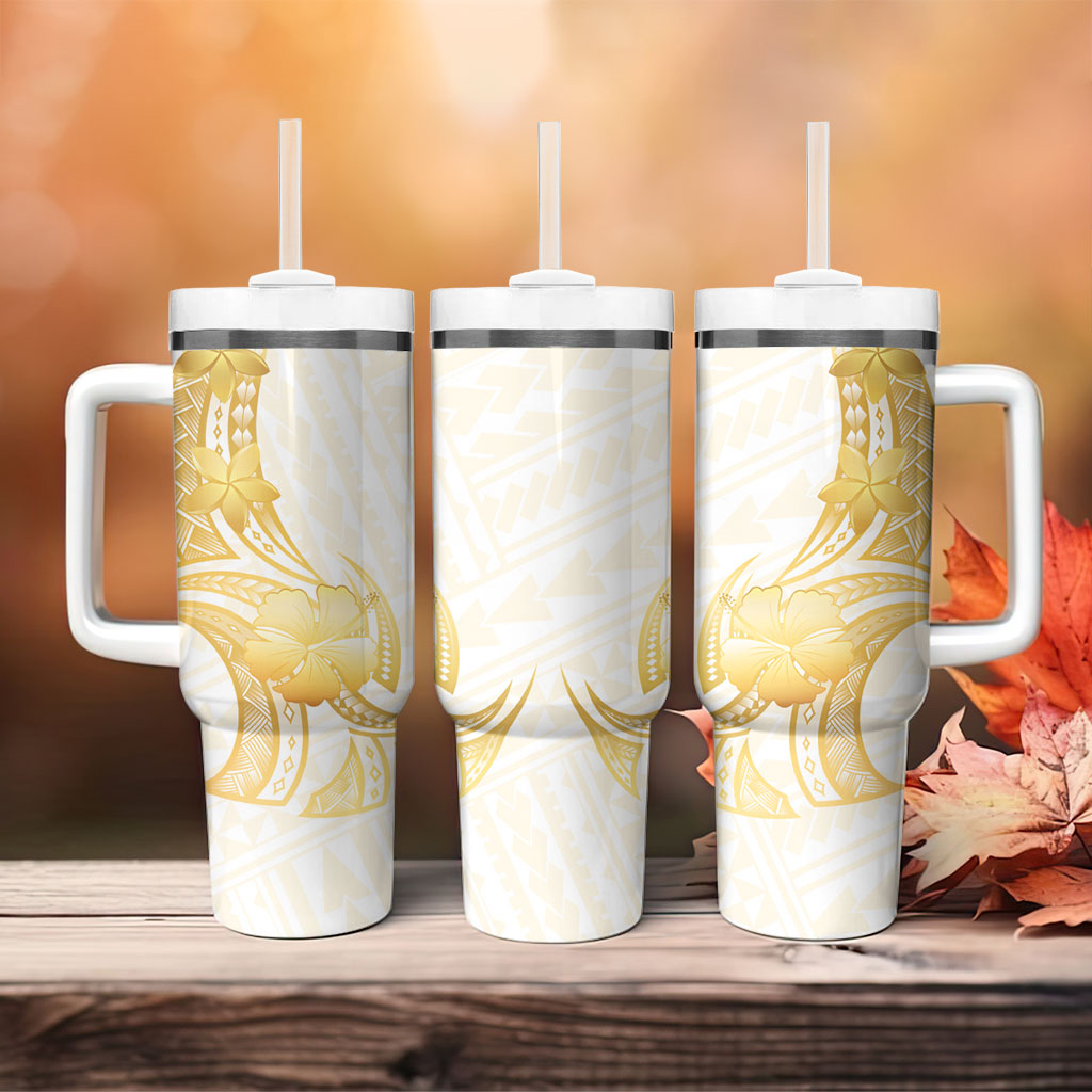 Polynesia White Sunday Tumbler With Handle Polynesian Tattoo Plumeria Hibiscus Gold