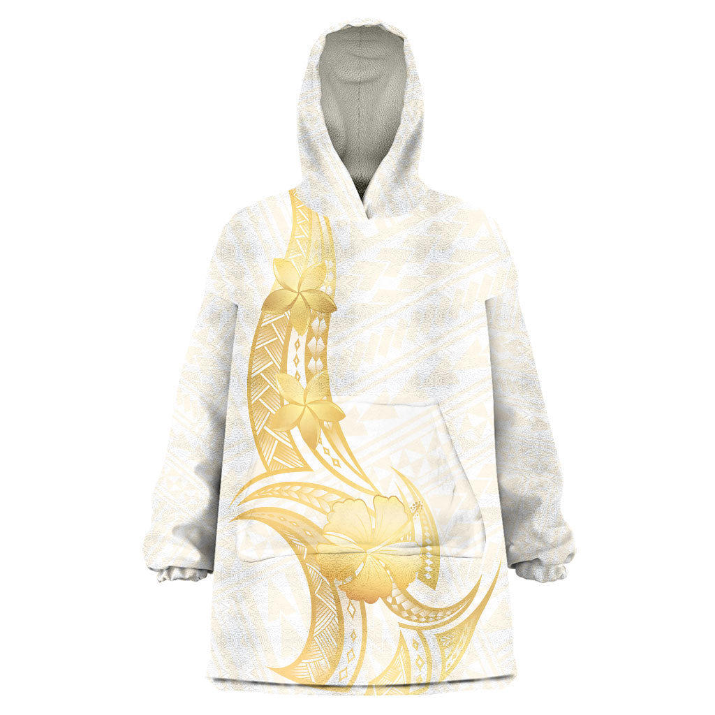 Polynesia White Sunday Wearable Blanket Hoodie Polynesian Tattoo Plumeria Hibiscus Gold