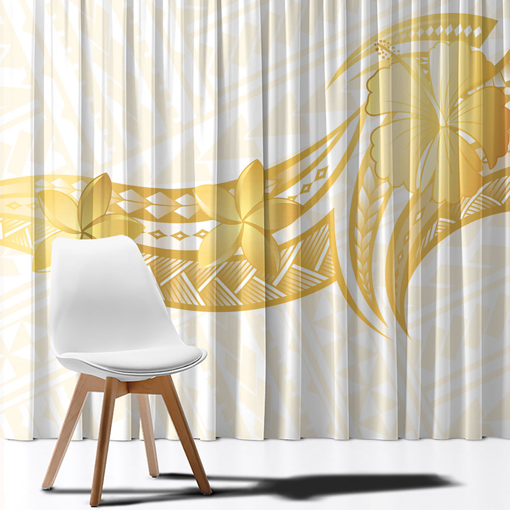 Polynesia White Sunday Window Curtain Polynesian Tattoo Plumeria Hibiscus Gold