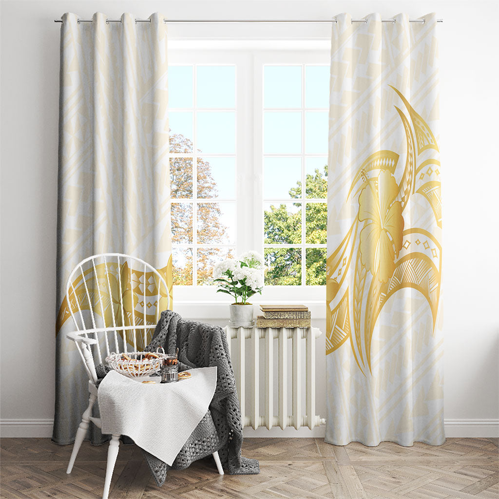Polynesia White Sunday Window Curtain Polynesian Tattoo Plumeria Hibiscus Gold