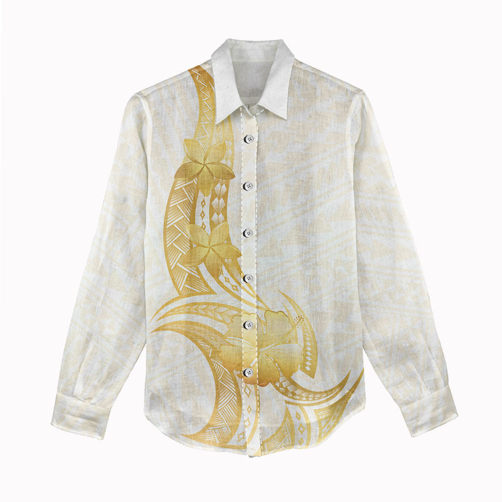 Polynesia White Sunday Women Casual Shirt Polynesian Tattoo Plumeria Hibiscus Gold