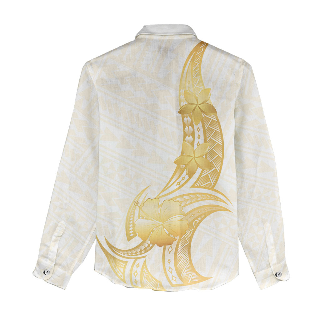 Polynesia White Sunday Women Casual Shirt Polynesian Tattoo Plumeria Hibiscus Gold