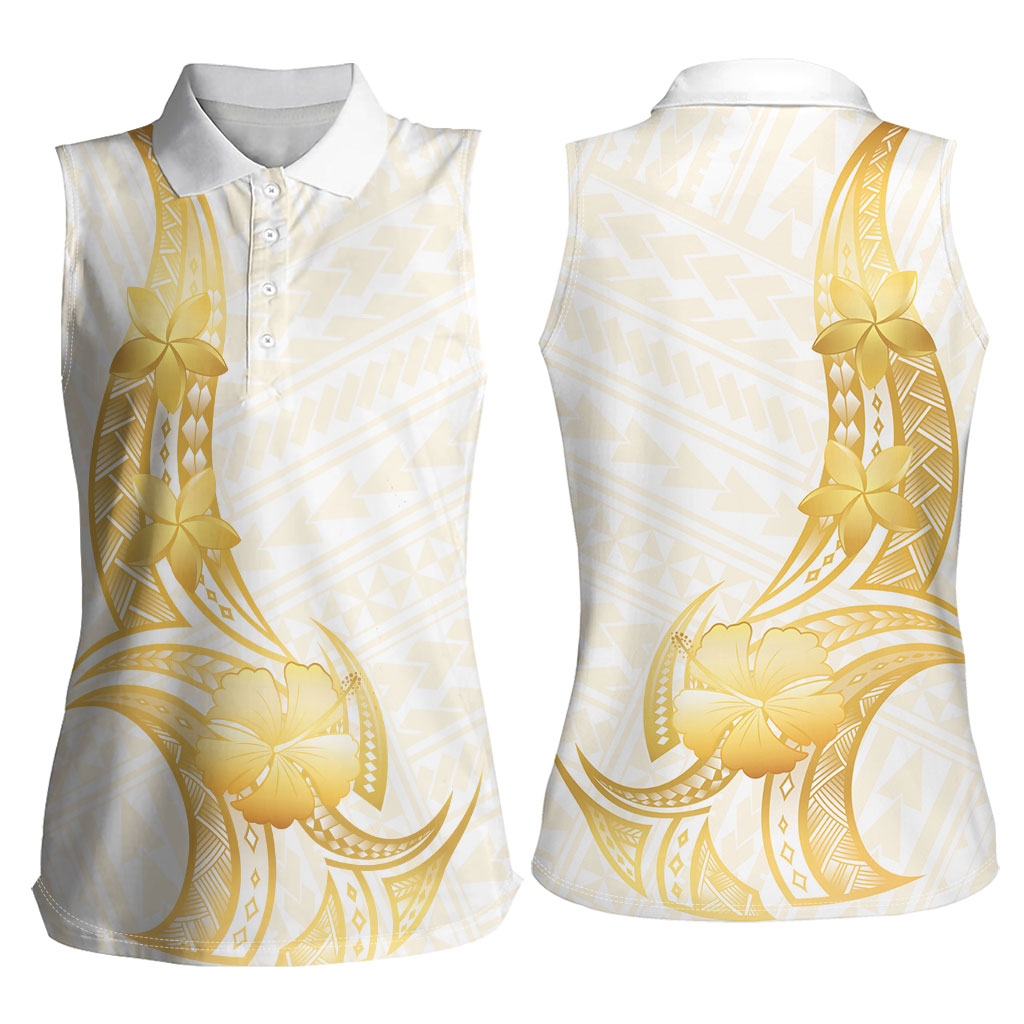 Polynesia White Sunday Women Sleeveless Polo Shirt Polynesian Tattoo Plumeria Hibiscus Gold