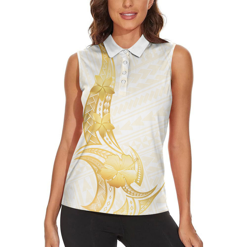 Polynesia White Sunday Women Sleeveless Polo Shirt Polynesian Tattoo Plumeria Hibiscus Gold