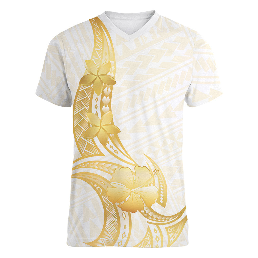 Polynesia White Sunday Women V-Neck T-Shirt Polynesian Tattoo Plumeria Hibiscus Gold