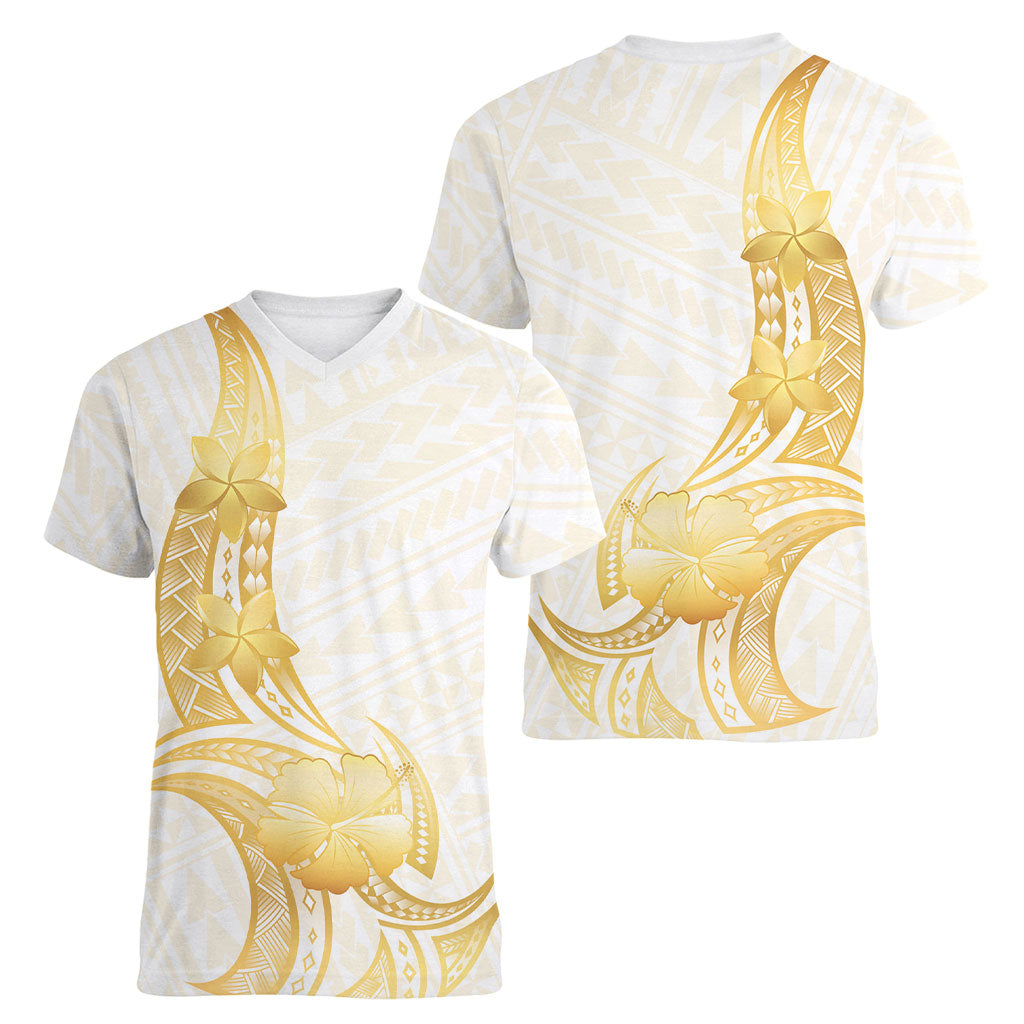 Polynesia White Sunday Women V-Neck T-Shirt Polynesian Tattoo Plumeria Hibiscus Gold