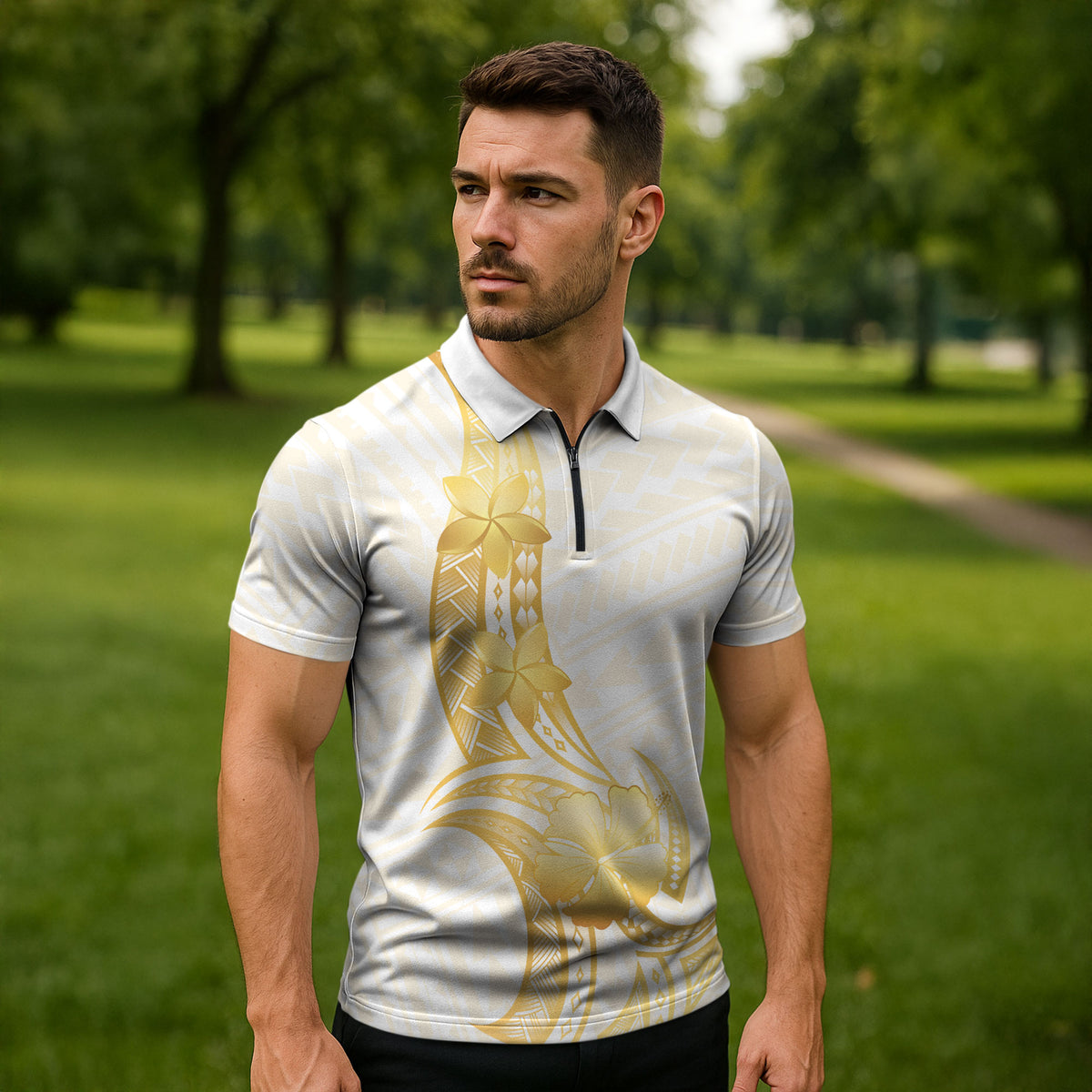Polynesia White Sunday Zipper Polo Shirt Polynesian Tattoo Plumeria Hibiscus Gold