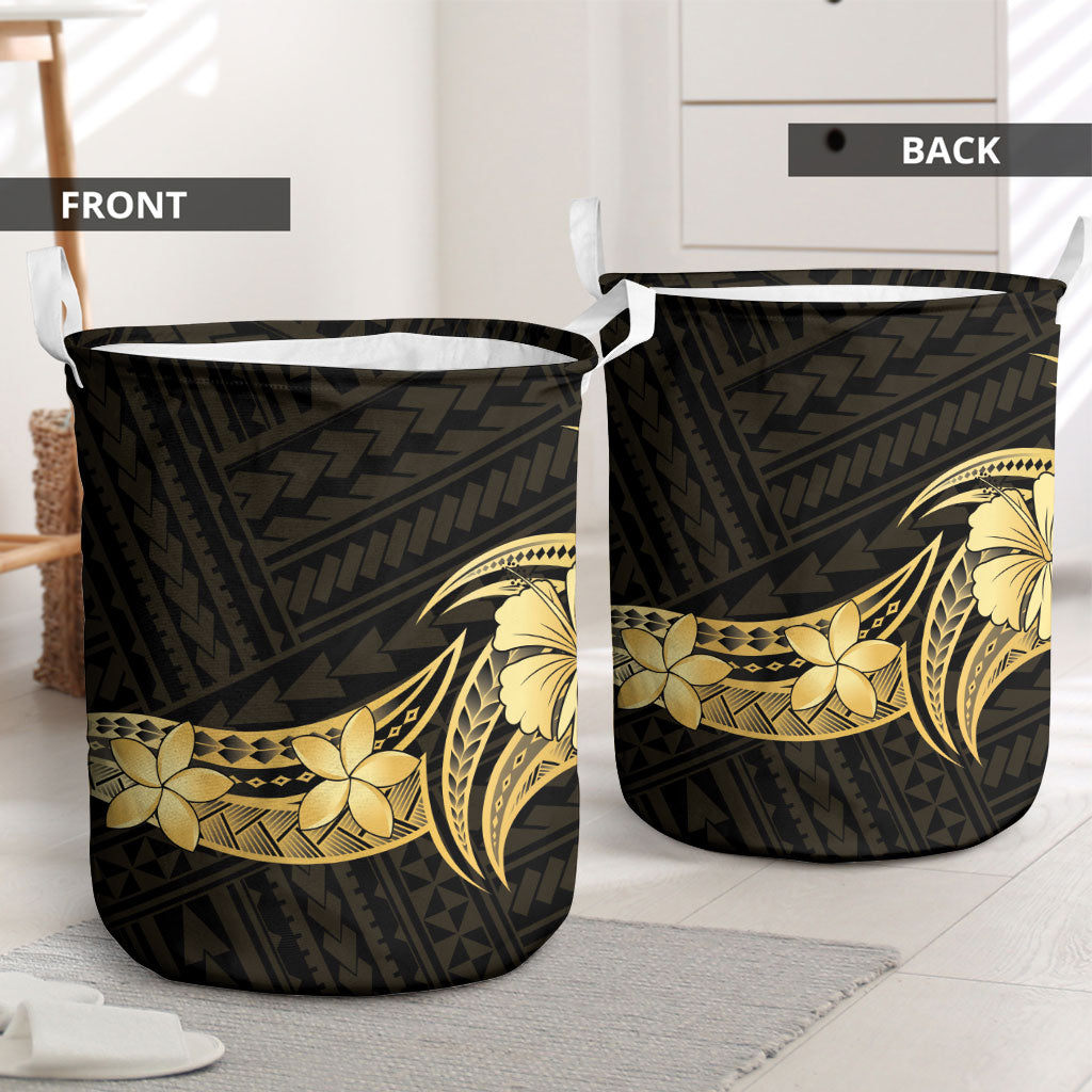 Gold Black Polynesia Hibiscus Plumeria Tattoo Laundry Basket
