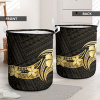 Gold Black Polynesia Hibiscus Plumeria Tattoo Laundry Basket