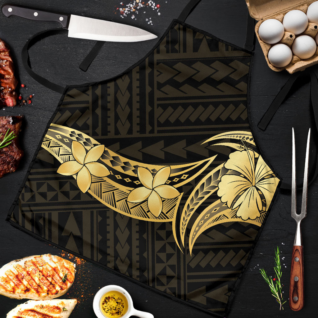 Gold Black Polynesia Hibiscus Plumeria Tattoo Apron