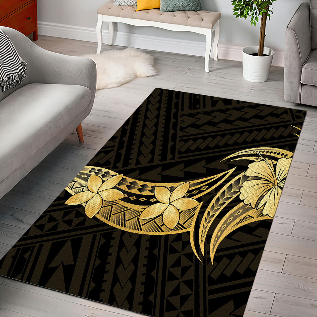 Gold Black Polynesia Hibiscus Plumeria Tattoo Area Rug