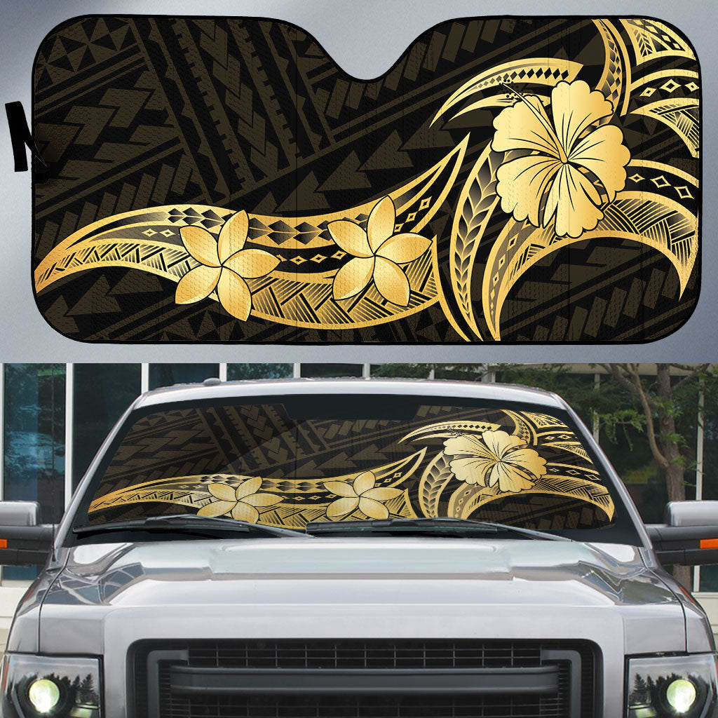 Gold Black Polynesia Hibiscus Plumeria Tattoo Auto Sun Shade