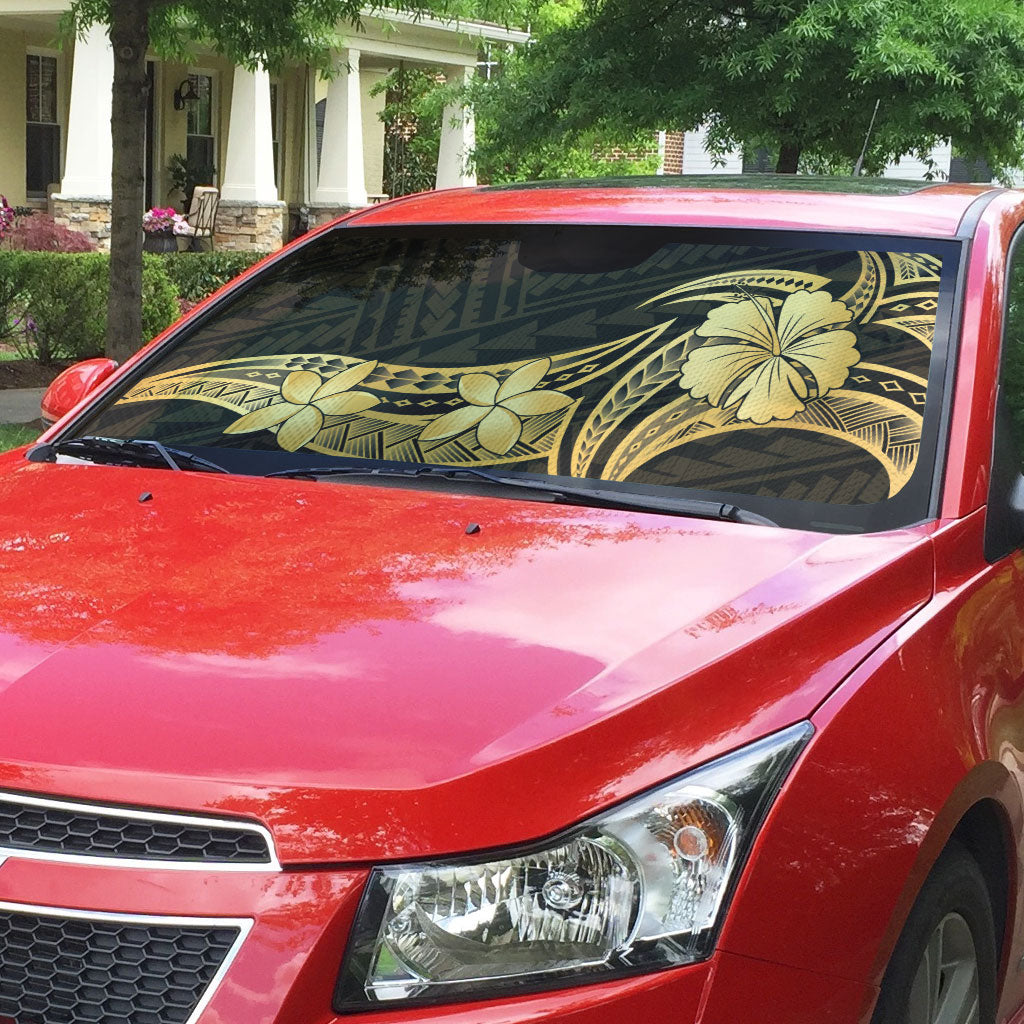 Gold Black Polynesia Hibiscus Plumeria Tattoo Auto Sun Shade