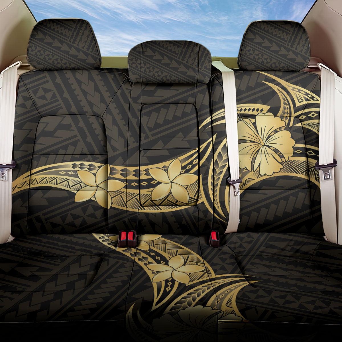 Gold Black Polynesia Hibiscus Plumeria Tattoo Back Car Seat Cover