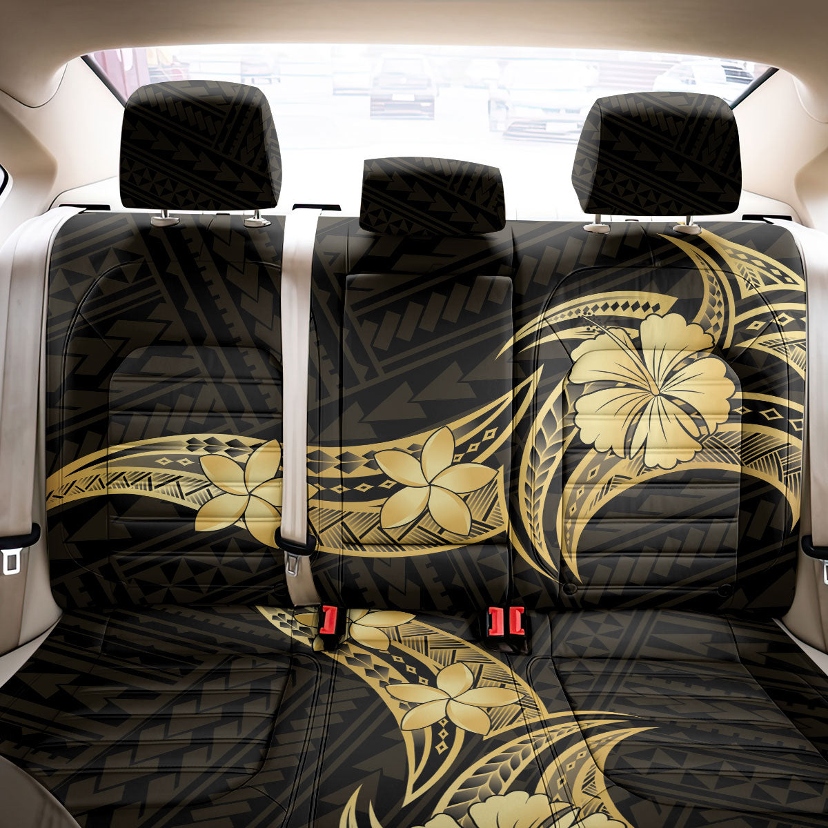 Gold Black Polynesia Hibiscus Plumeria Tattoo Back Car Seat Cover