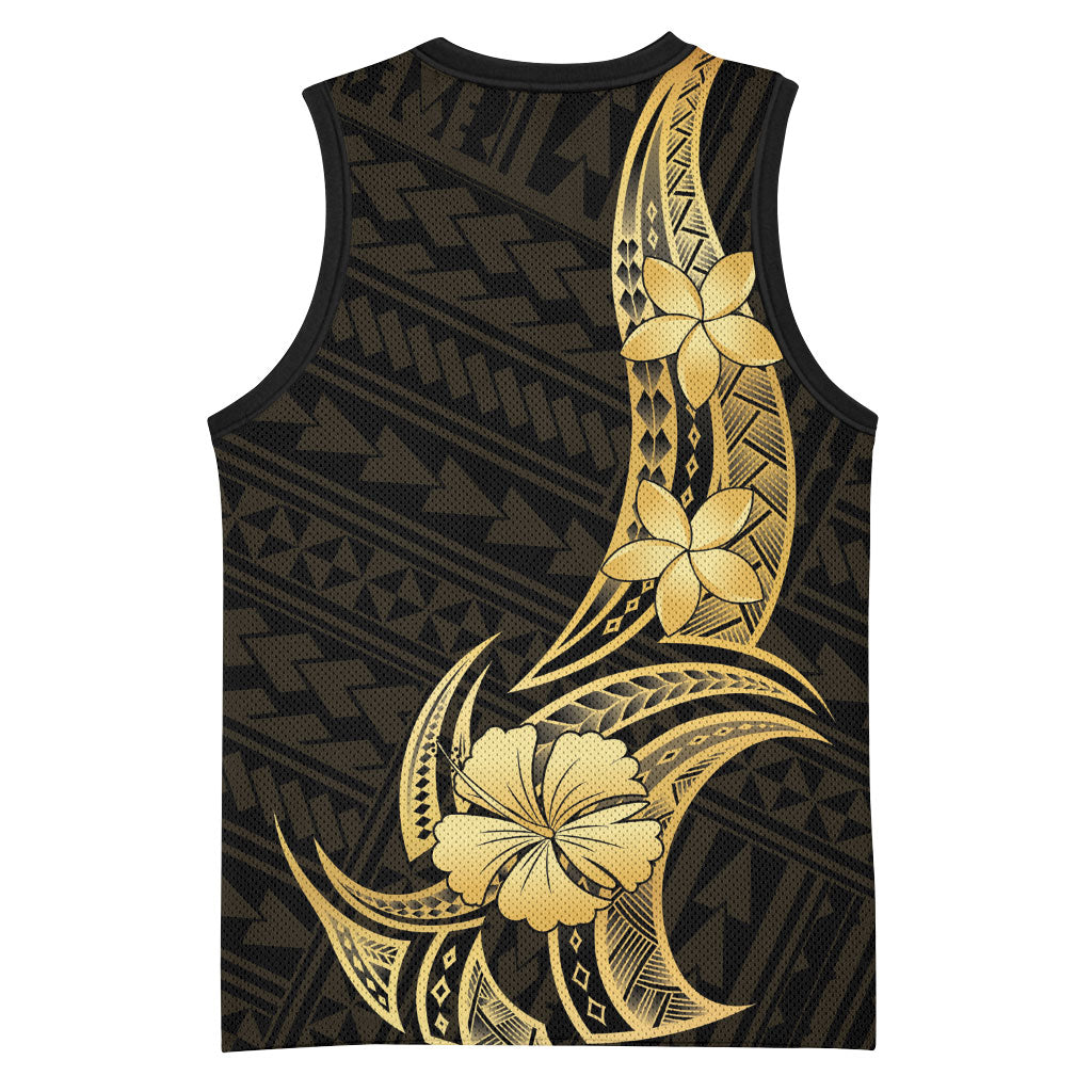 Gold Black Polynesia Hibiscus Plumeria Tattoo Basketball Jersey