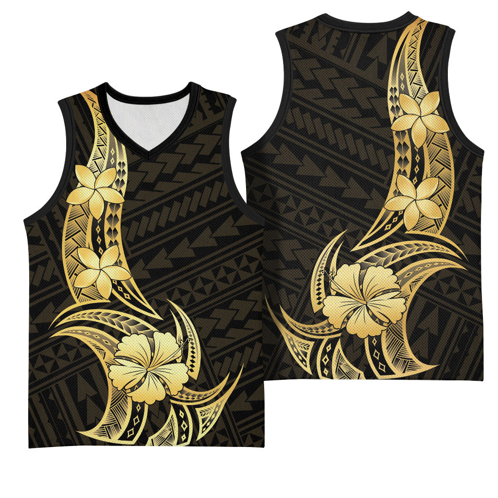 Gold Black Polynesia Hibiscus Plumeria Tattoo Basketball Jersey