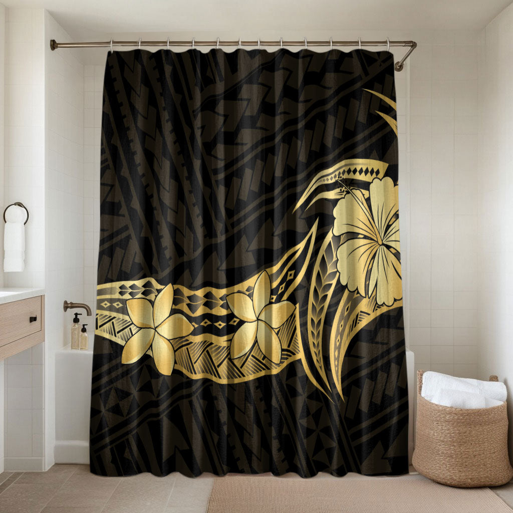 Gold Black Polynesia Hibiscus Plumeria Tattoo Bathroom Set