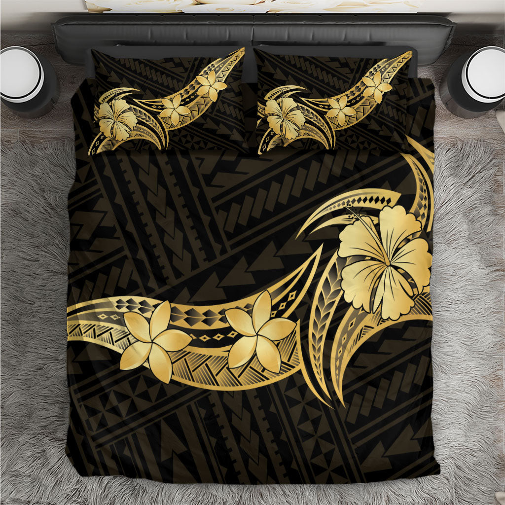 Gold Black Polynesia Hibiscus Plumeria Tattoo Bedding Set