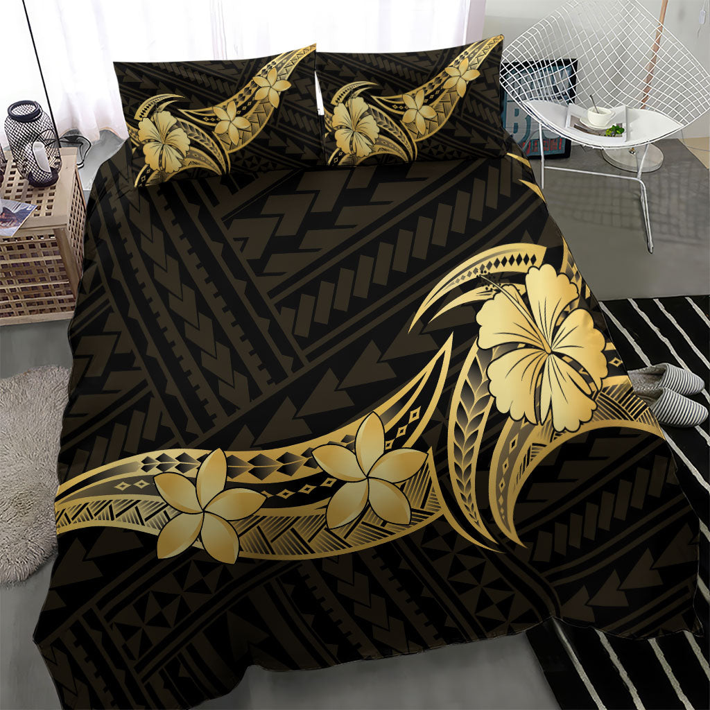 Gold Black Polynesia Hibiscus Plumeria Tattoo Bedding Set
