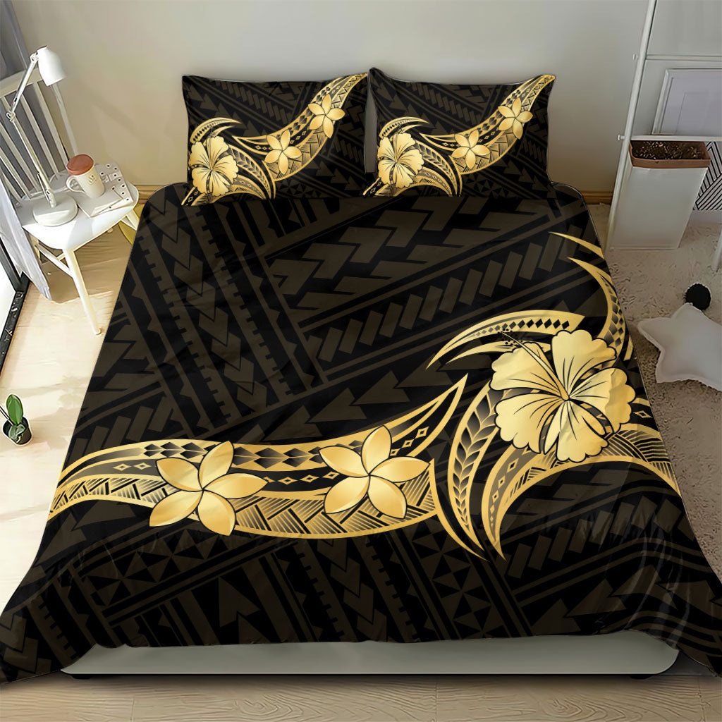 Gold Black Polynesia Hibiscus Plumeria Tattoo Bedding Set