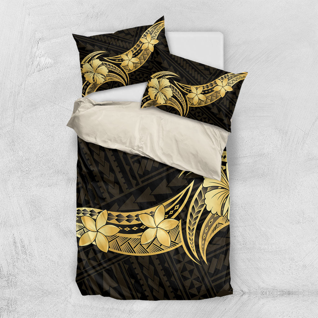 Gold Black Polynesia Hibiscus Plumeria Tattoo Bedding Set