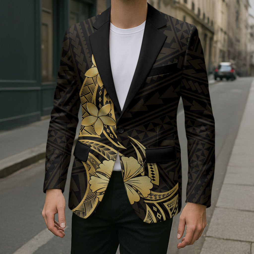 Gold Black Polynesia Hibiscus Plumeria Tattoo Blazer