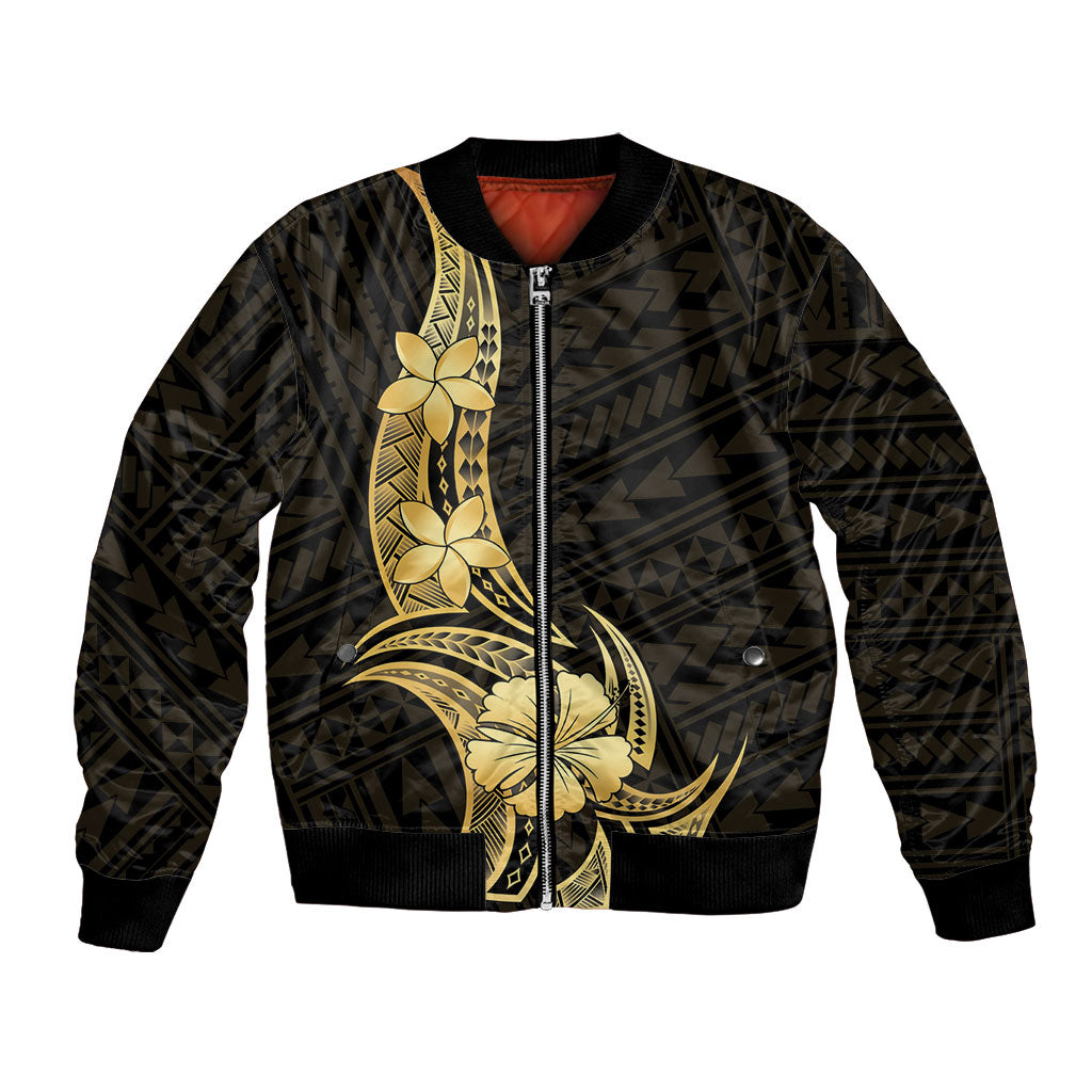 Gold Black Polynesia Hibiscus Plumeria Tattoo Bomber Jacket LT14 Unisex Black - Polynesian Pride