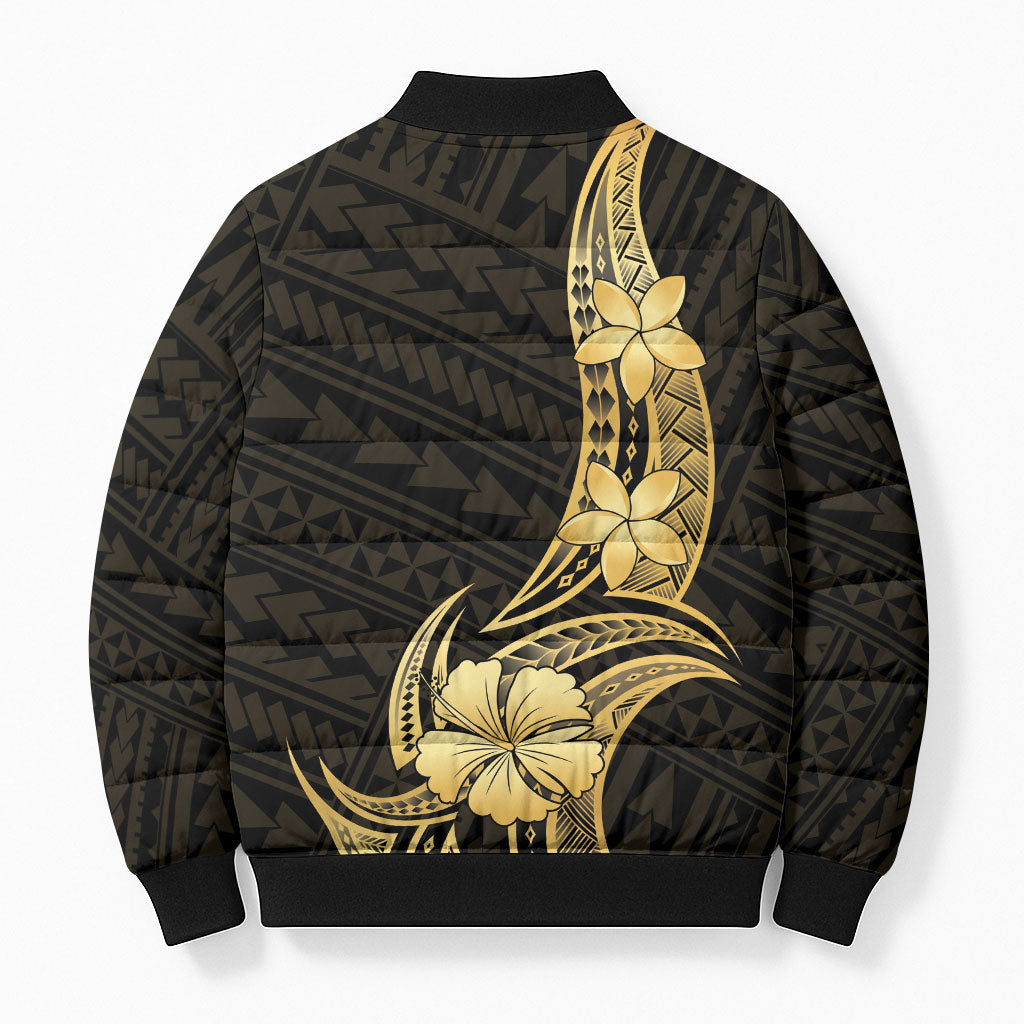 Gold Black Polynesia Hibiscus Plumeria Tattoo Bomber Puffer Jacket