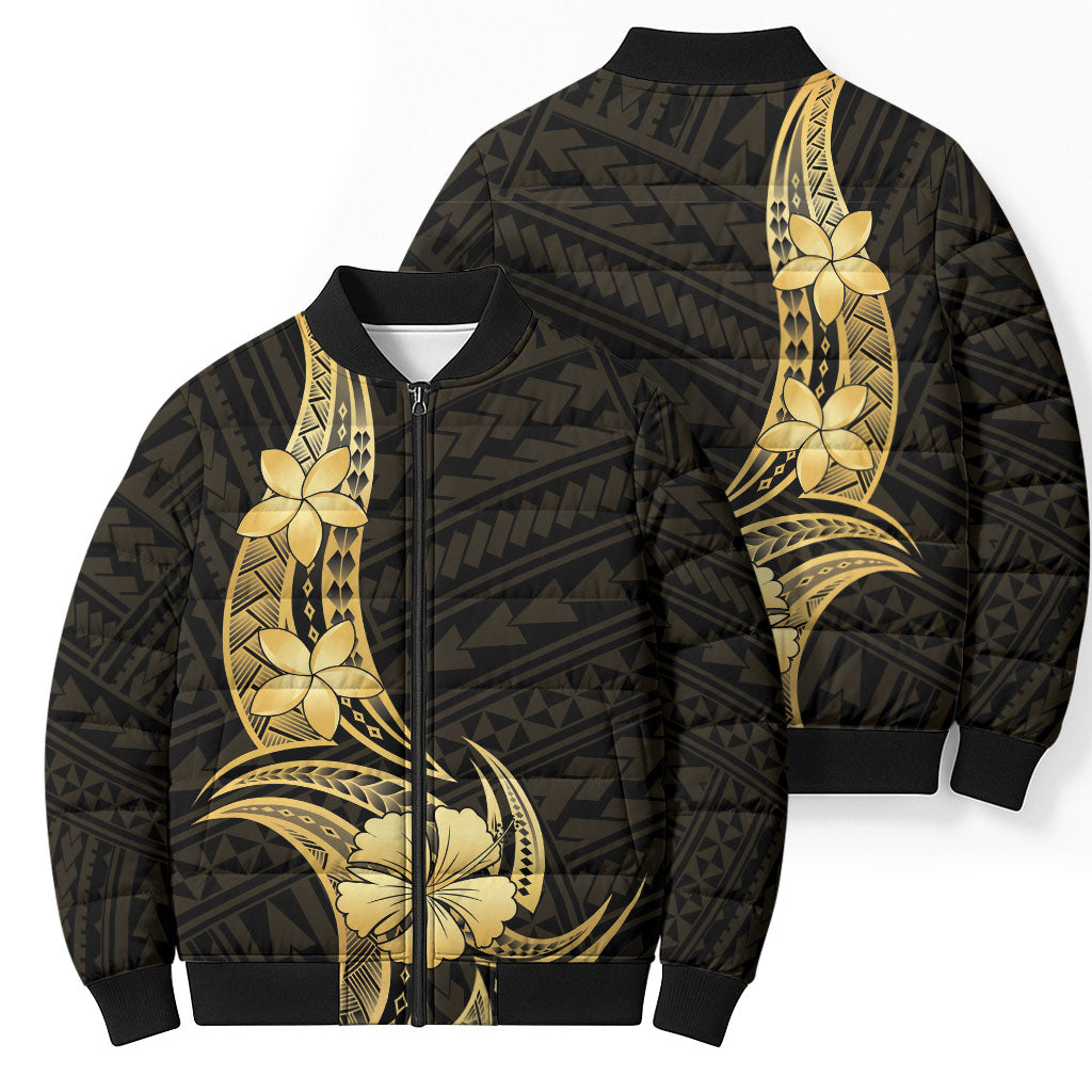 Gold Black Polynesia Hibiscus Plumeria Tattoo Bomber Puffer Jacket