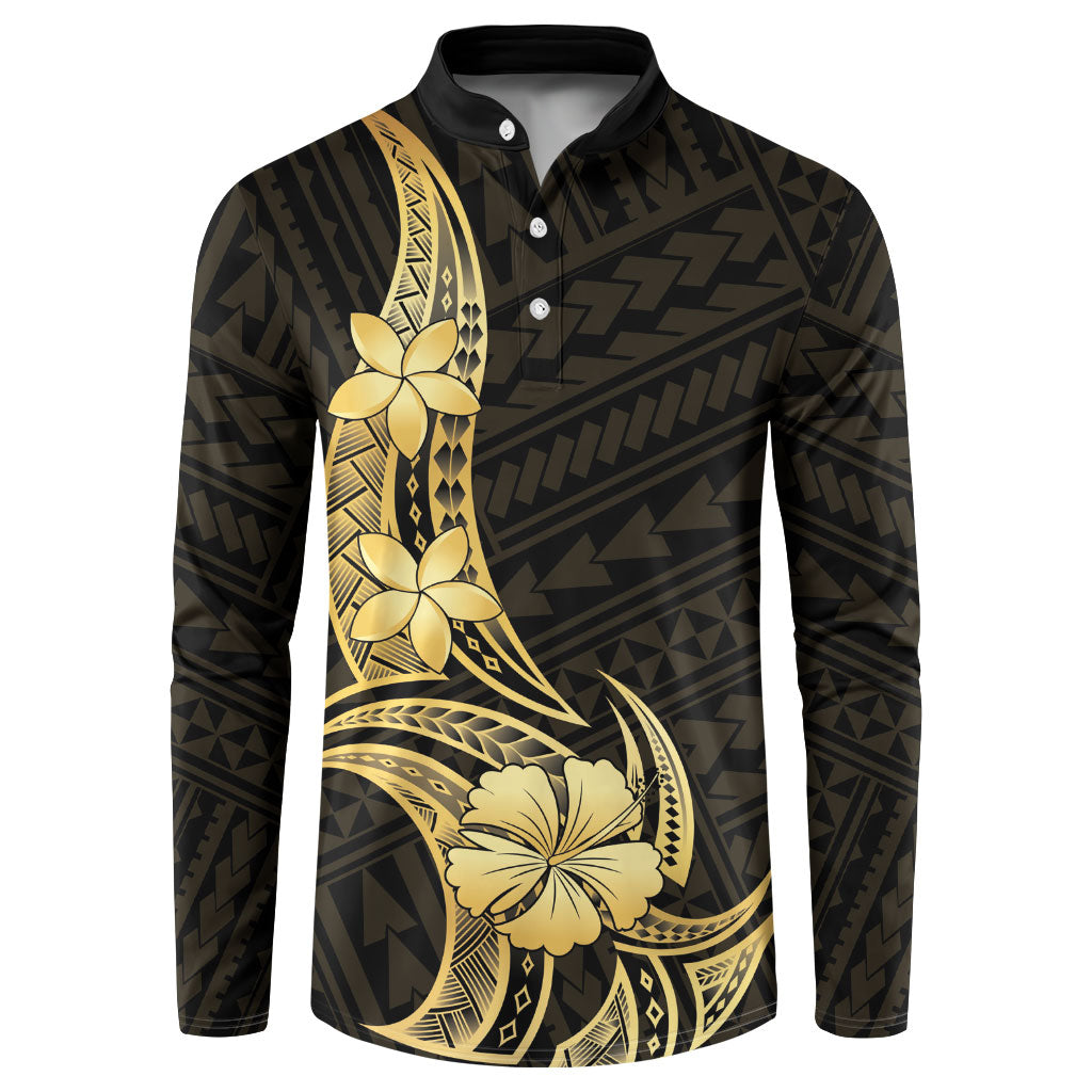 Gold Black Polynesia Hibiscus Plumeria Tattoo Button Sweatshirt