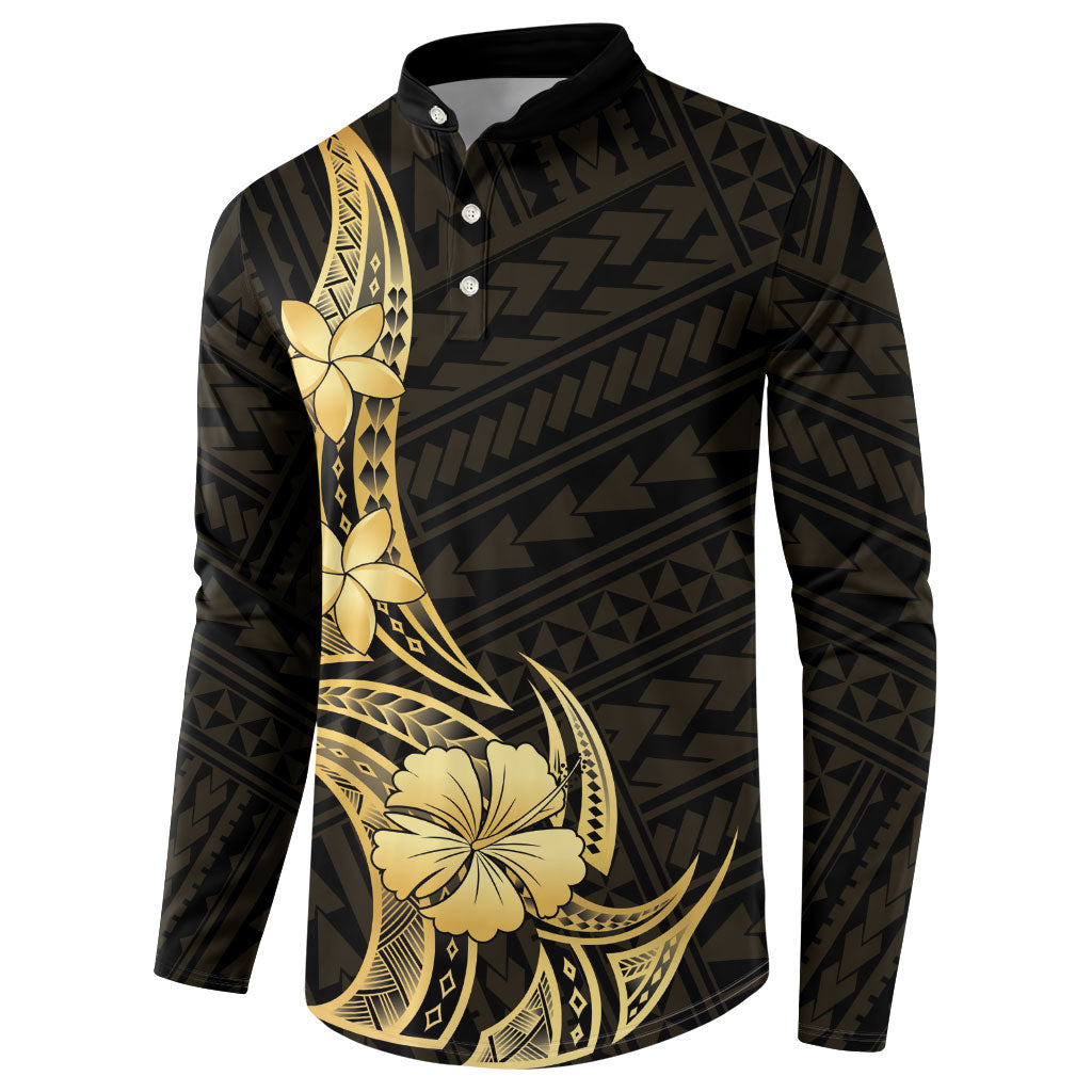 Gold Black Polynesia Hibiscus Plumeria Tattoo Button Sweatshirt