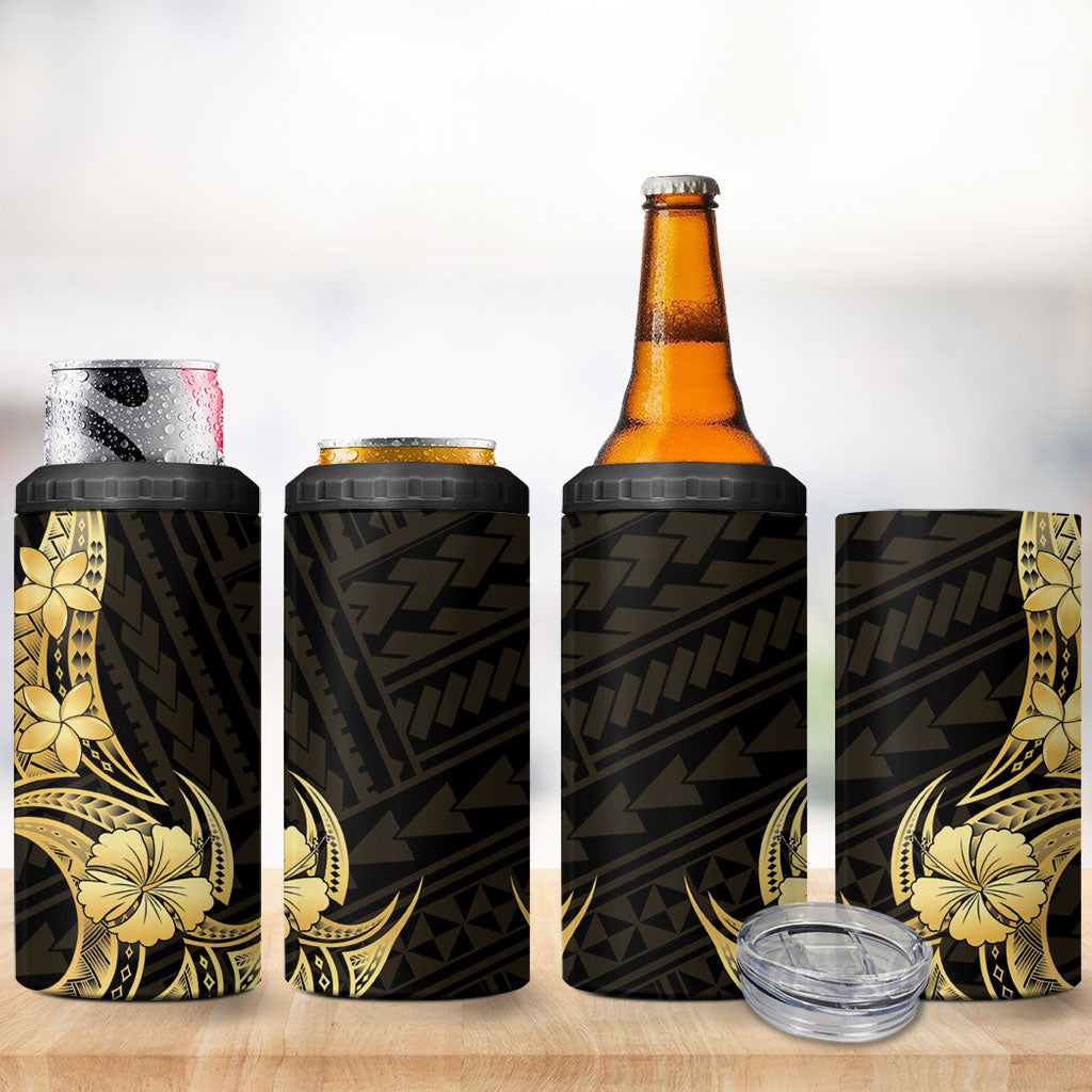 Gold Black Polynesia Hibiscus Plumeria Tattoo 4 in 1 Can Cooler Tumbler