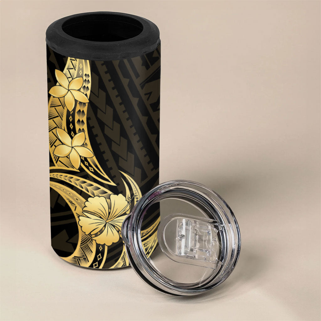 Gold Black Polynesia Hibiscus Plumeria Tattoo 4 in 1 Can Cooler Tumbler