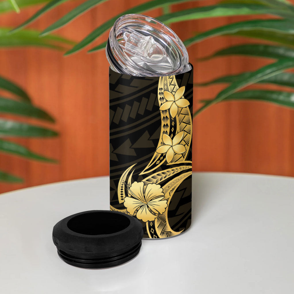 Gold Black Polynesia Hibiscus Plumeria Tattoo 4 in 1 Can Cooler Tumbler