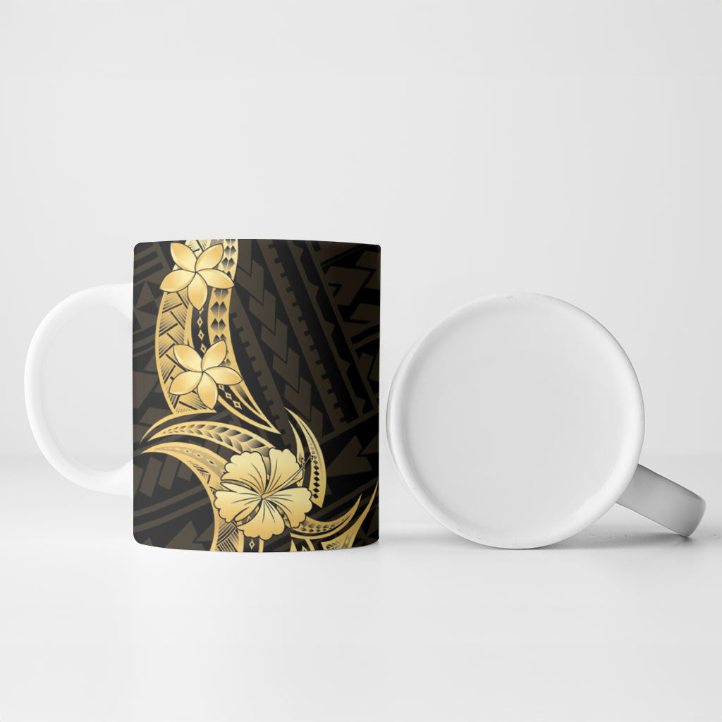 Gold Black Polynesia Hibiscus Plumeria Tattoo Ceramic Mug
