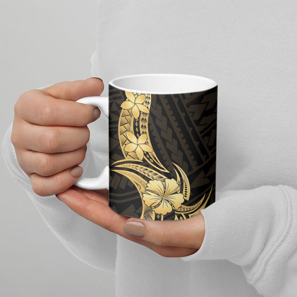 Gold Black Polynesia Hibiscus Plumeria Tattoo Ceramic Mug